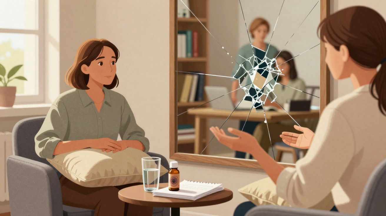 Mulher sentada numa terapia, com espelho partido refletindo duas pessoas conversando numa sala acolhedora.