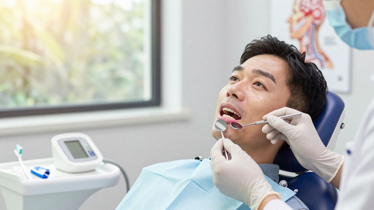 Paciente sentado em cadeira dentária a ser examinado por dentista com espelho e sonda na boca.