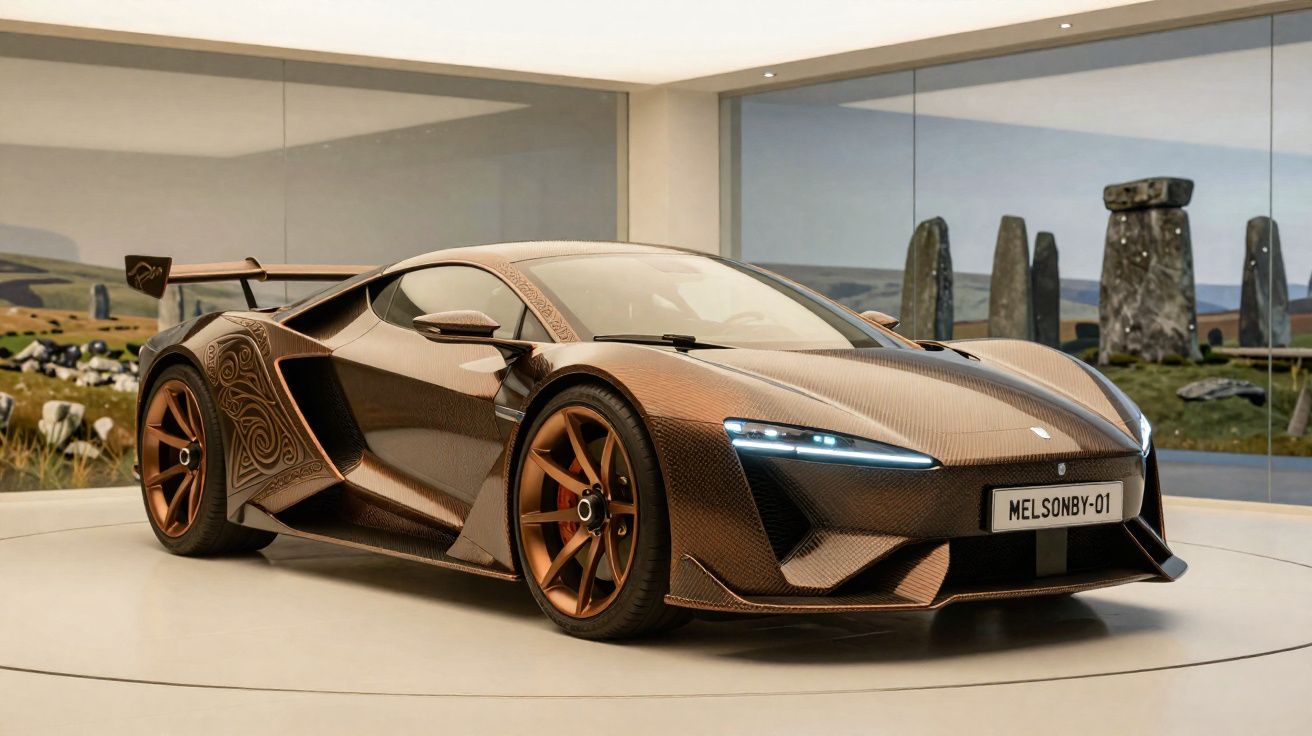 Automóvel desportivo bronze com detalhes gravados, rodas castanhas, luzes LED e paisagem de Stonehenge ao fundo.