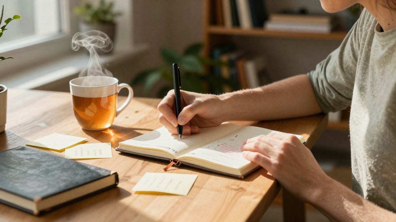 Pessoa a escrever num caderno ao lado de chá quente fumegante num ambiente de trabalho com luz natural.