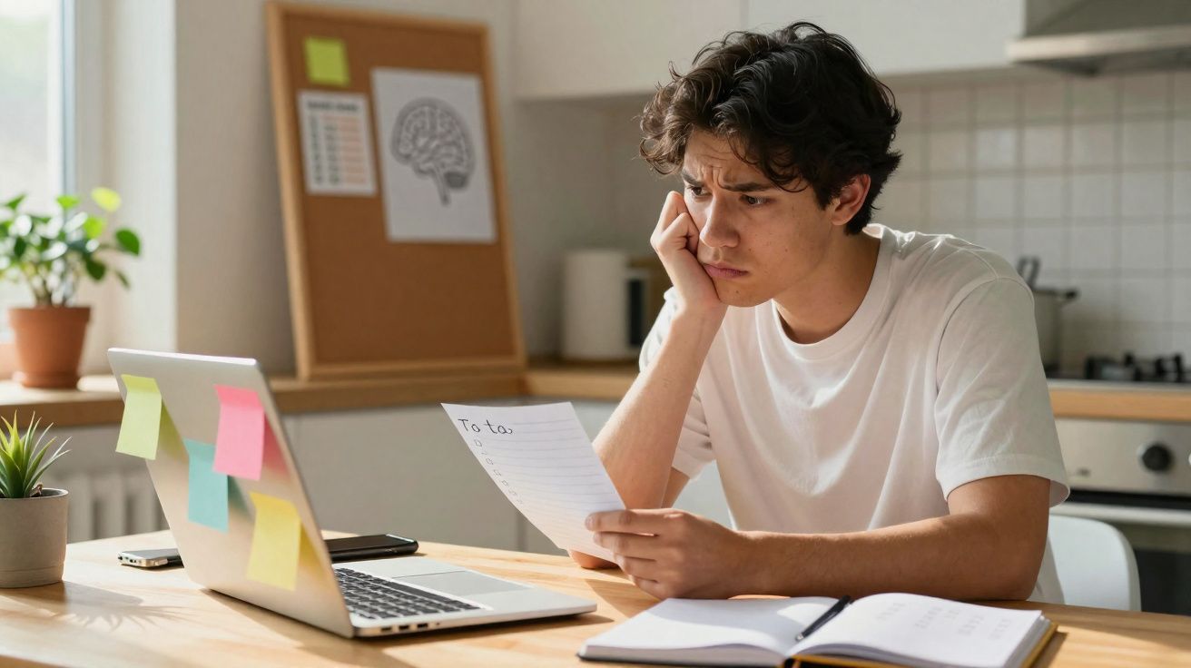 Jovem preocupado a ler um papel enquanto estuda com computador e caderno na cozinha.