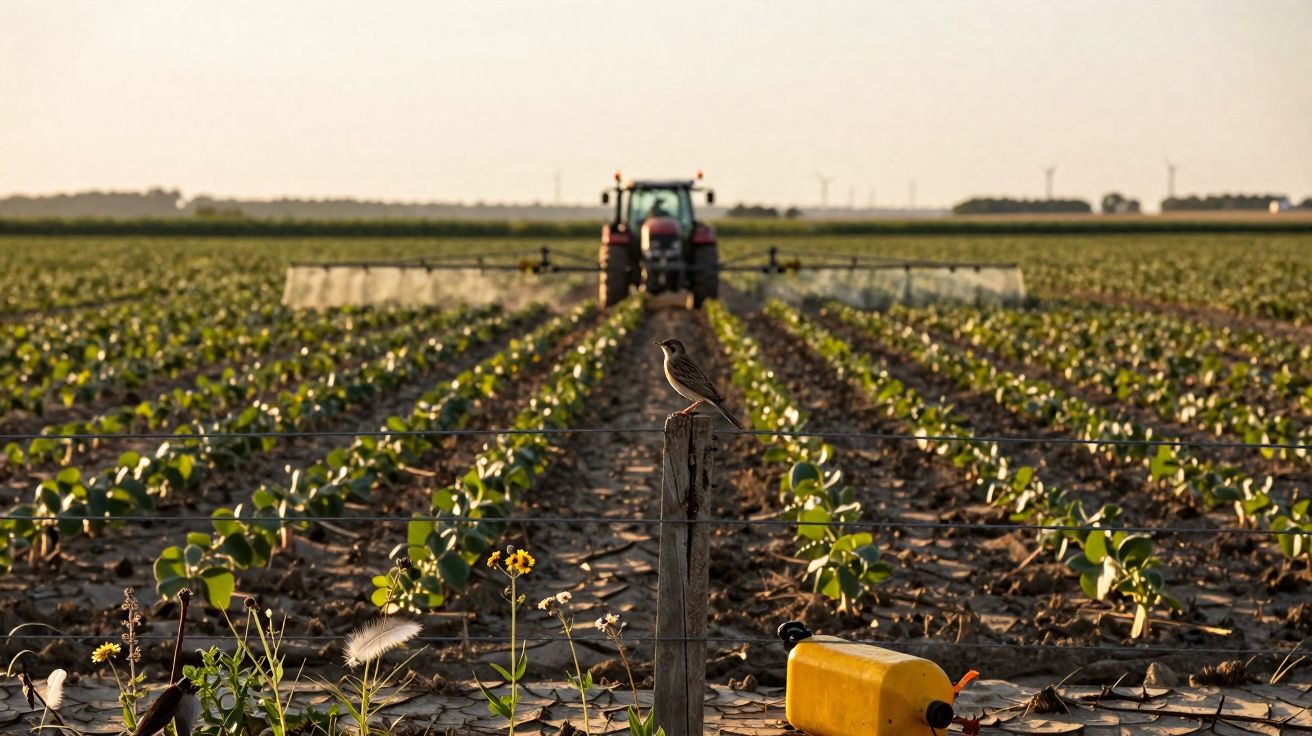 Campo agrícola com plantas jovens, pássaro numa cerca e trator ao fundo sob luz dourada do pôr do sol.