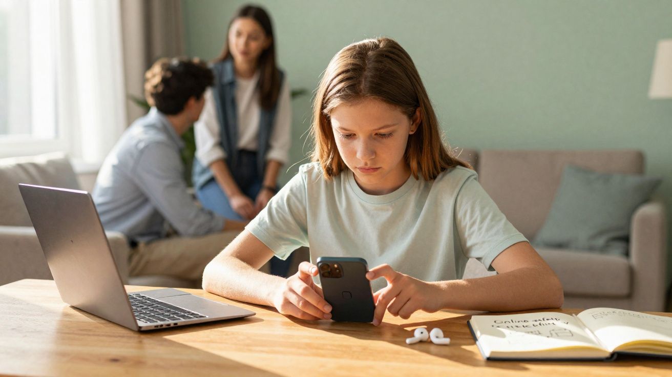 Criança a usar telemóvel na mesa com portátil, livro aberto e dois adultos ao fundo a discutir.