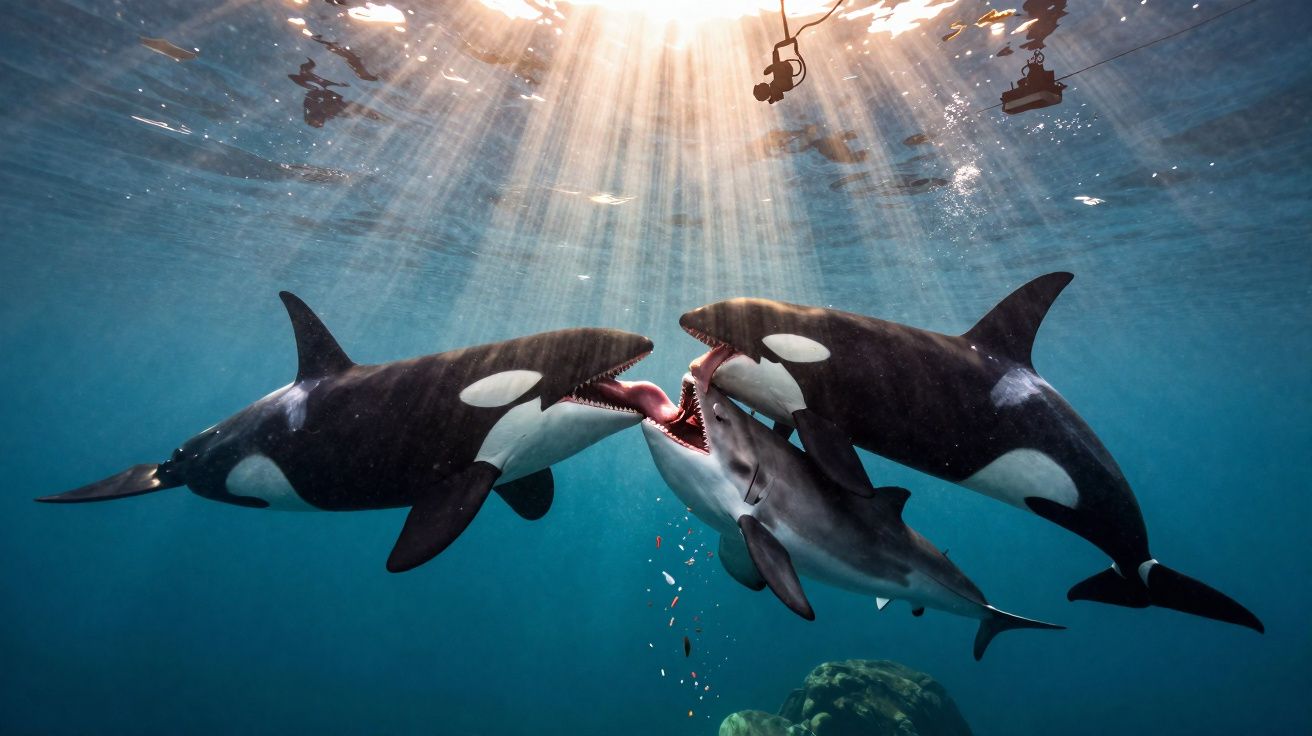 Três orcas subaquáticas interagem, com a luz do sol a penetrar a água na superfície.