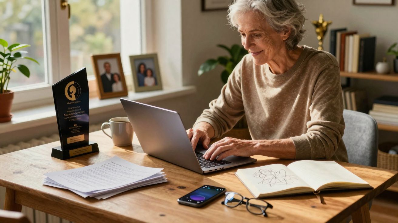 Mulher idosa a trabalhar num portátil numa mesa com documentos, telemóvel e uma caneca.