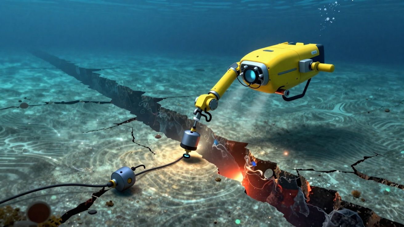 Robô submarino amarelo a explorar uma fenda no fundo do oceano com luz e sensores.