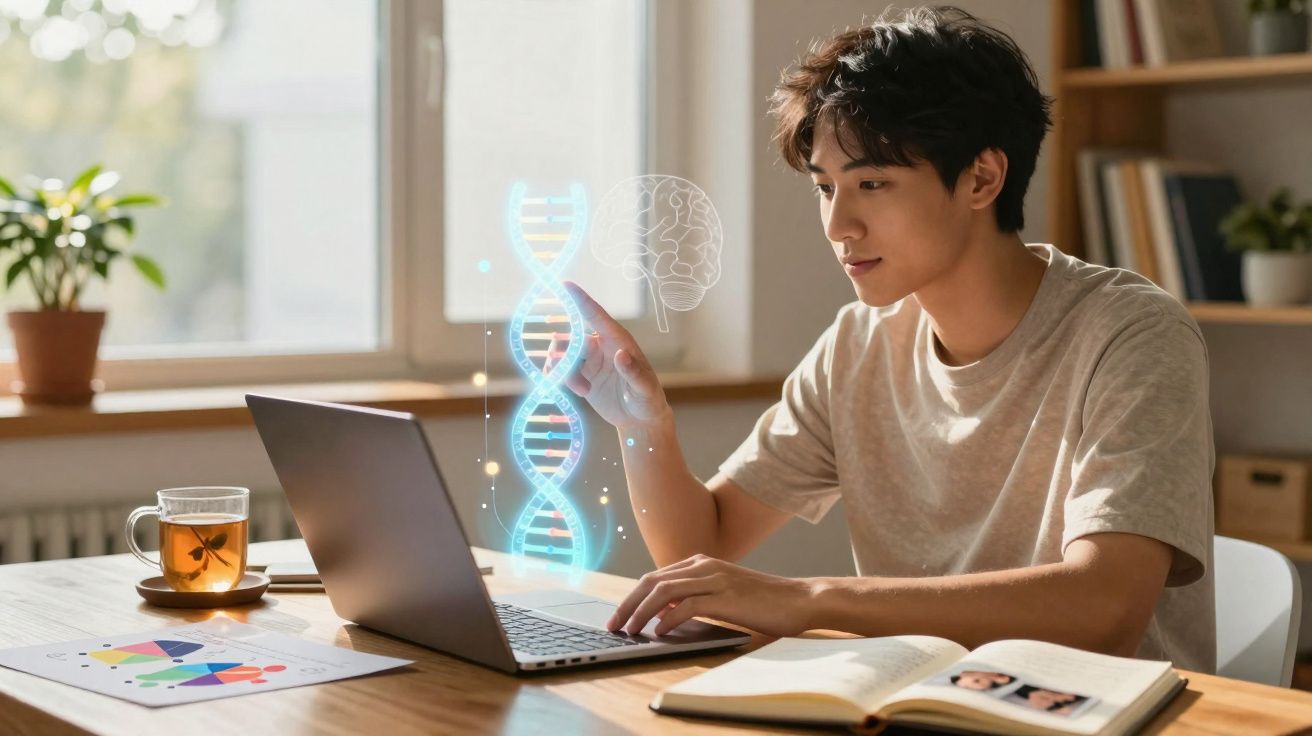 Jovem a estudar com laptop e gráficos, interagindo com imagem digital de ADN e cérebro holográfico.