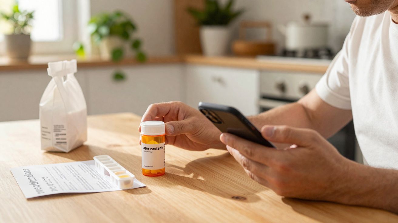 Pessoa segurando medicamento e telemóvel sobre mesa com folheto e recipiente na cozinha.