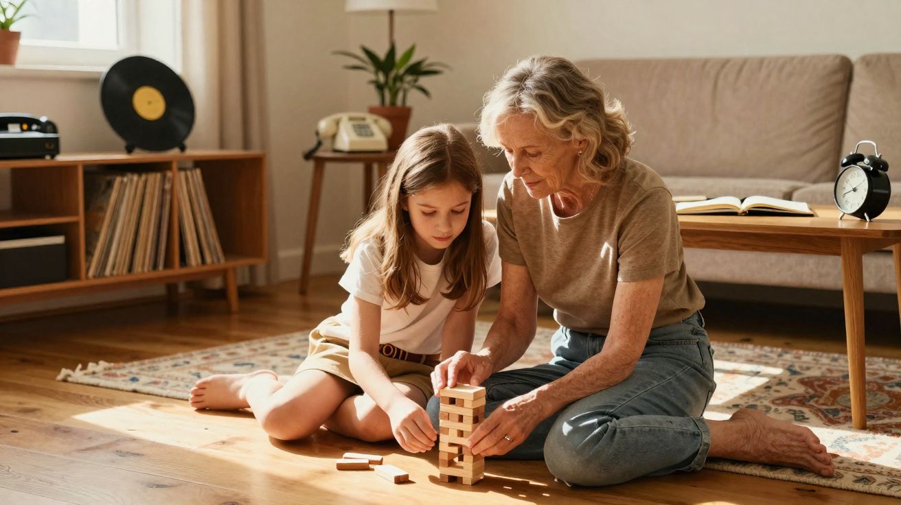 Avó e neta sentadas no chão a jogar Jenga numa sala iluminada e acolhedora.