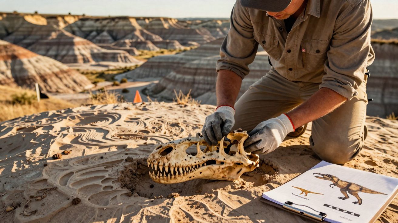 Pessoa a examinar um crânio de dinossauro fóssil numa escavação, com ilustração do dinossauro numa prancheta.