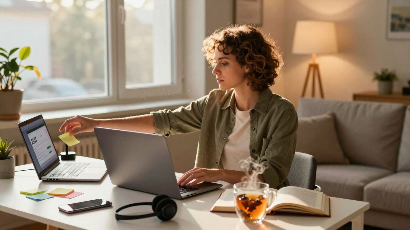 Mulher a trabalhar em casa com dois laptops, chá quente, caderno e auscultadores numa mesa iluminada.