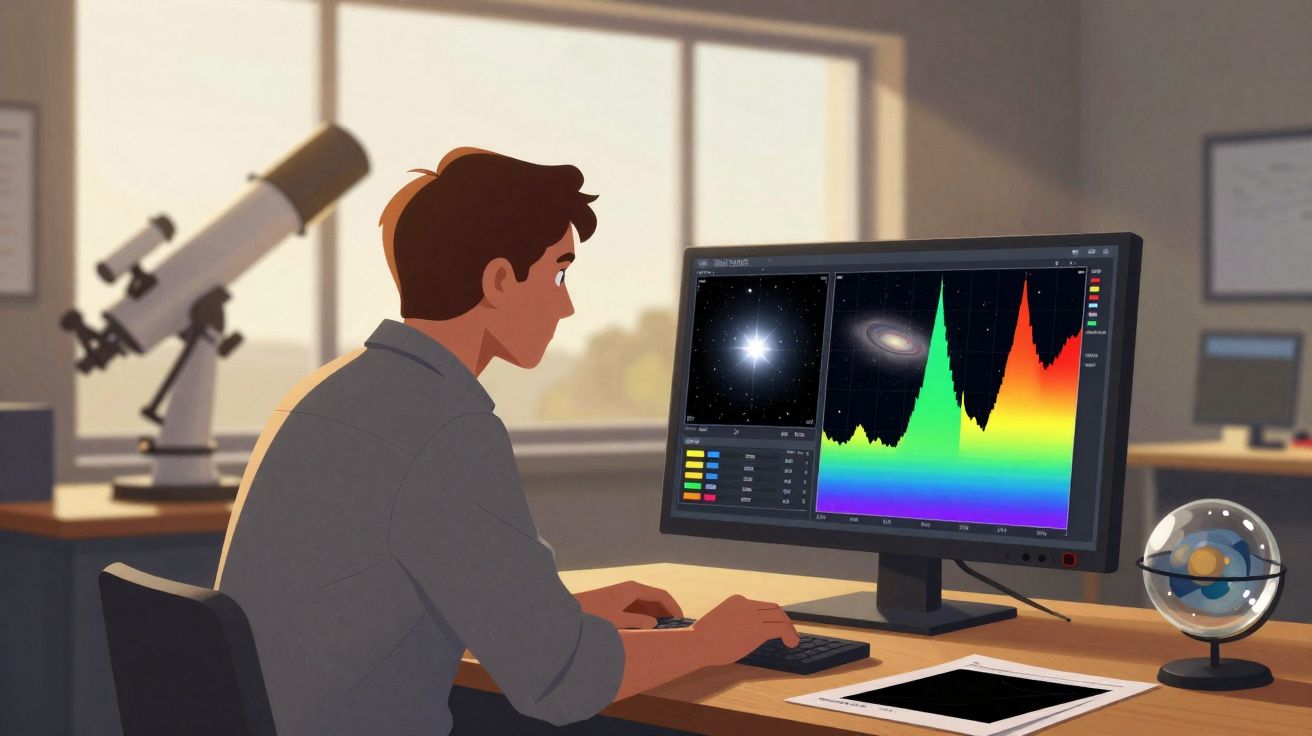 Pessoa a analisar dados astronómicos no computador, com telescópio e modelo do sistema solar na mesa.