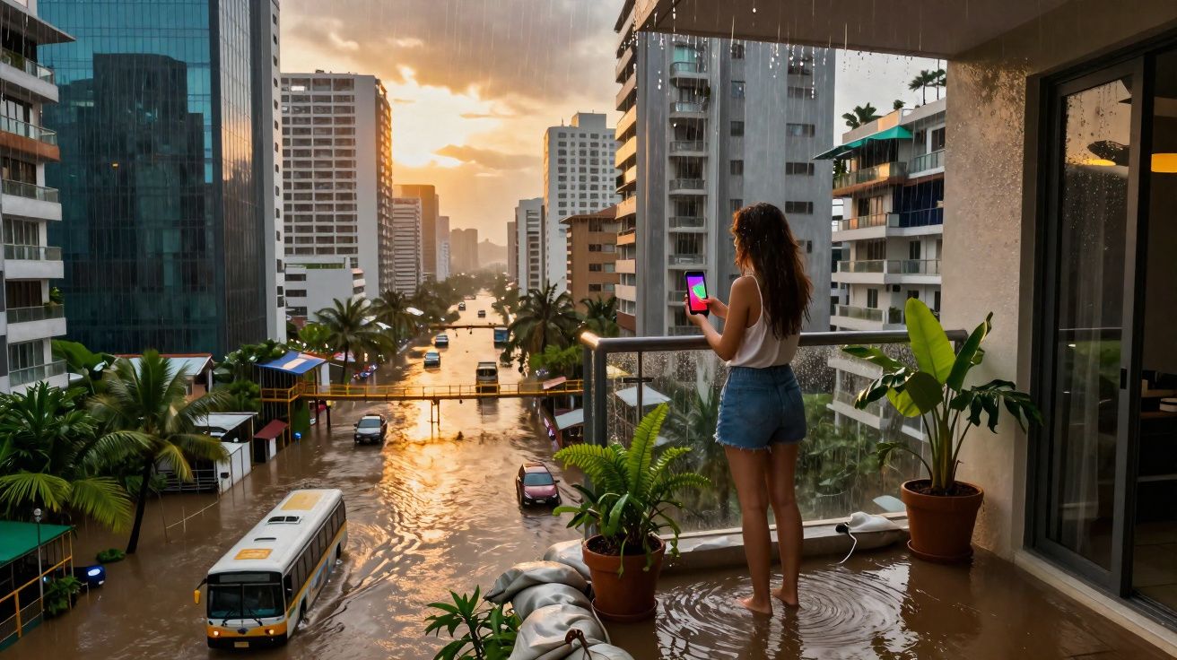 Mulher observa inundação em cidade da varanda, em dia chuvoso ao pôr do sol, com prédios e veículos alagados.
