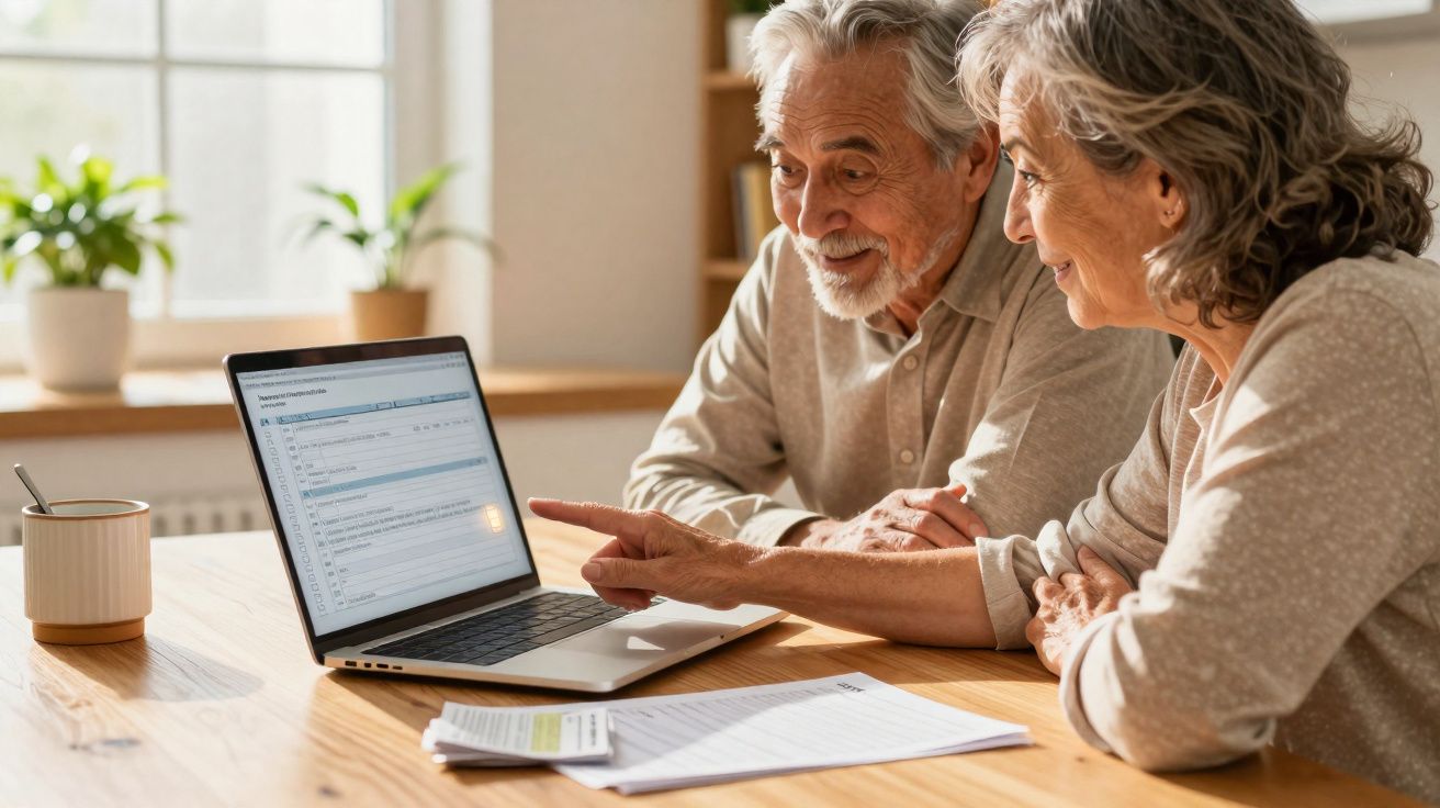 Casal sénior sentado à mesa a analisar informações num portátil num ambiente luminoso e confortável.