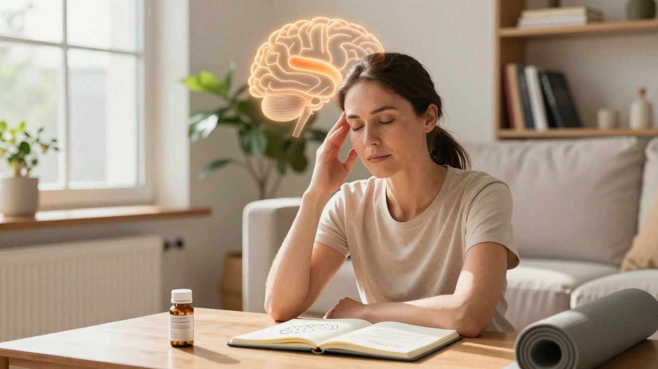 Mulher com dor de cabeça sentada à mesa, tocando a cabeça, com ilustração de cérebro brilhante atrás dela.