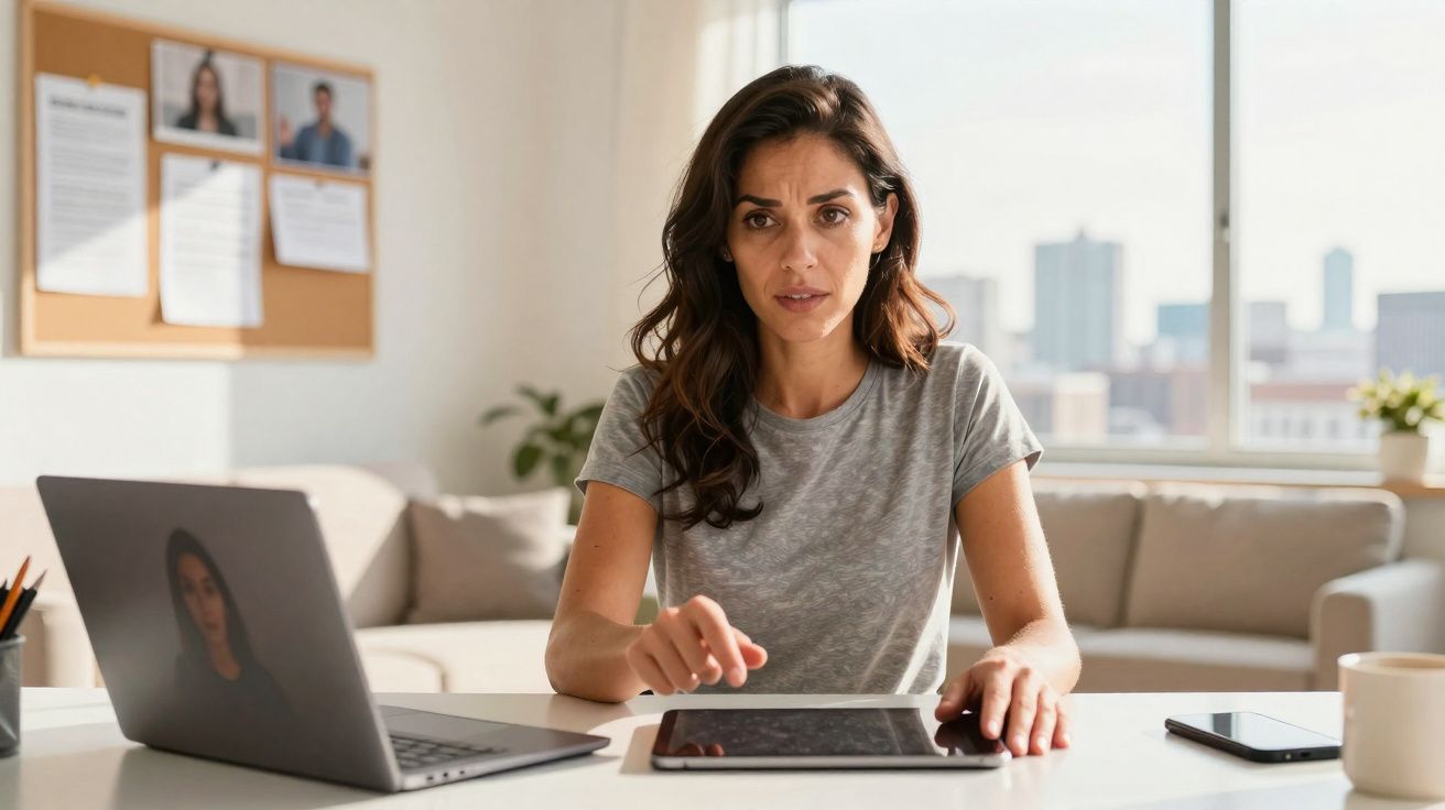 Mulher preocupada sentada à mesa com tablet, computador portátil, telemóvel e caneca num ambiente doméstico moderno.