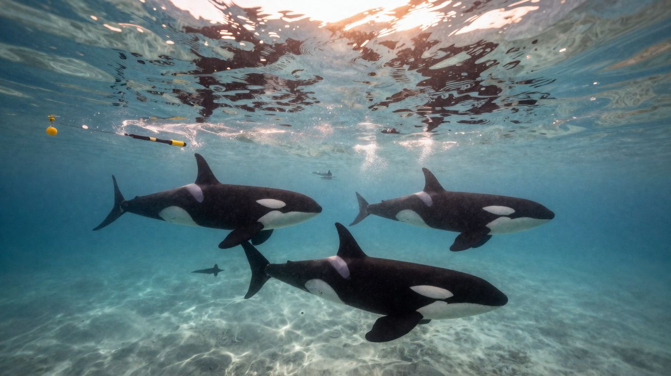 Três orcas nadando em águas claras perto da superfície com luz do sol refletida no fundo arenoso.
