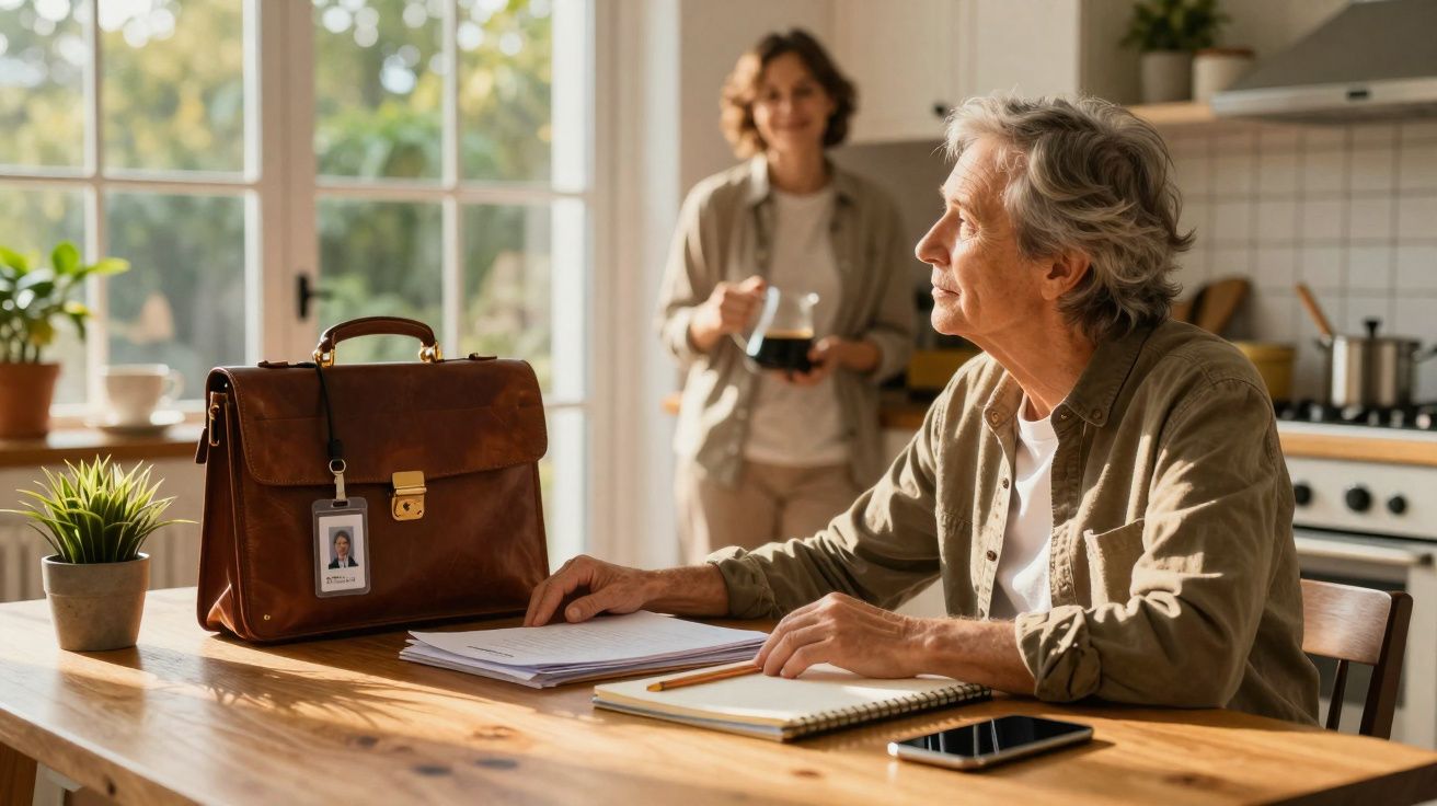 Homem idoso sentado à mesa com documentos e mulher ao fundo a servir café numa cozinha iluminada.