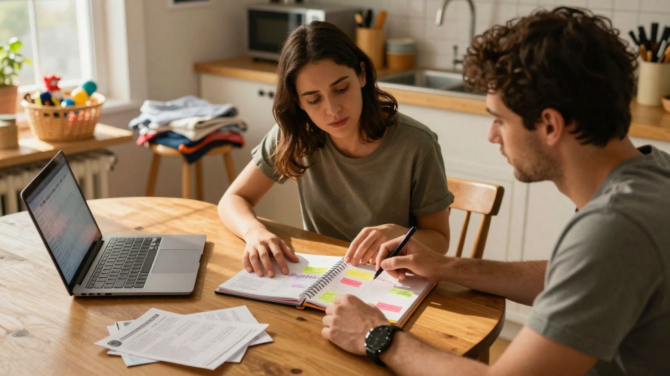 Casal sentado à mesa da cozinha a organizar tarefas e discutir notas num caderno com portátil e papéis espalhados.