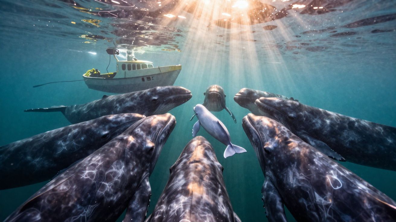 Grupo de baleias rodeia um golfinho pequeno com barco ao fundo, luz solar penetra na água.