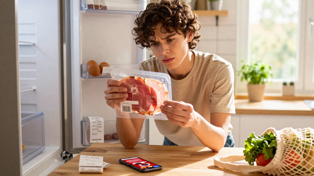 Jovem a verificar informações nutricionais de fiambre embalado na cozinha, com telemóvel à frente.