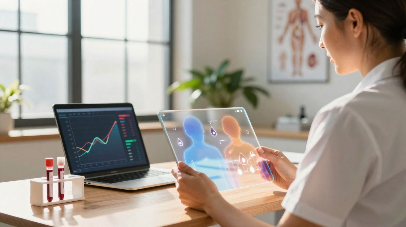 Profissional de saúde analisa dados digitais holográficos de análises sanguíneas com gráfico no portátil.