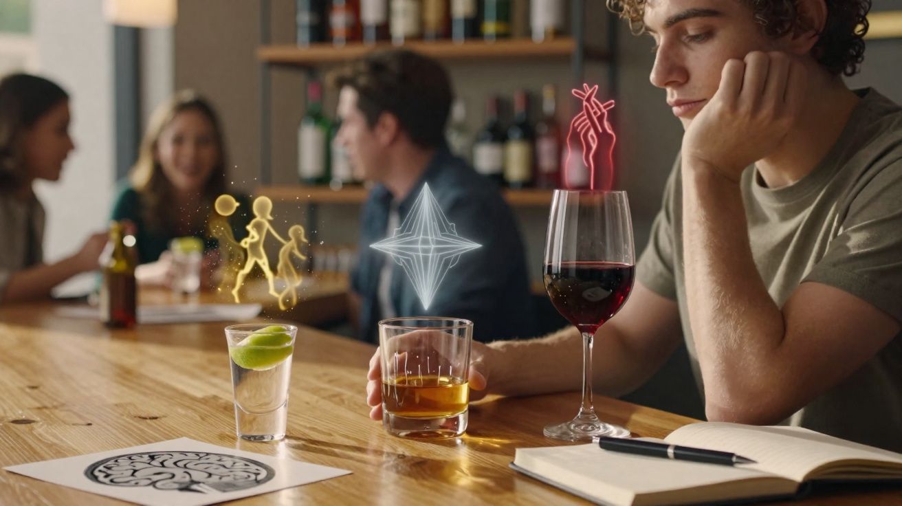 Jovem pensativo com três bebidas e hologramas, enquanto grupo conversa ao fundo num bar.
