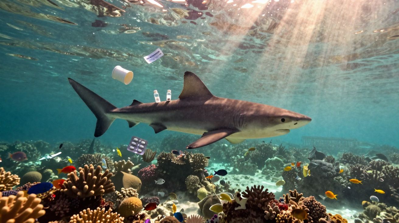 Tubarão a nadar num recife de coral com vários detritos plásticos e medicamentos no oceano.