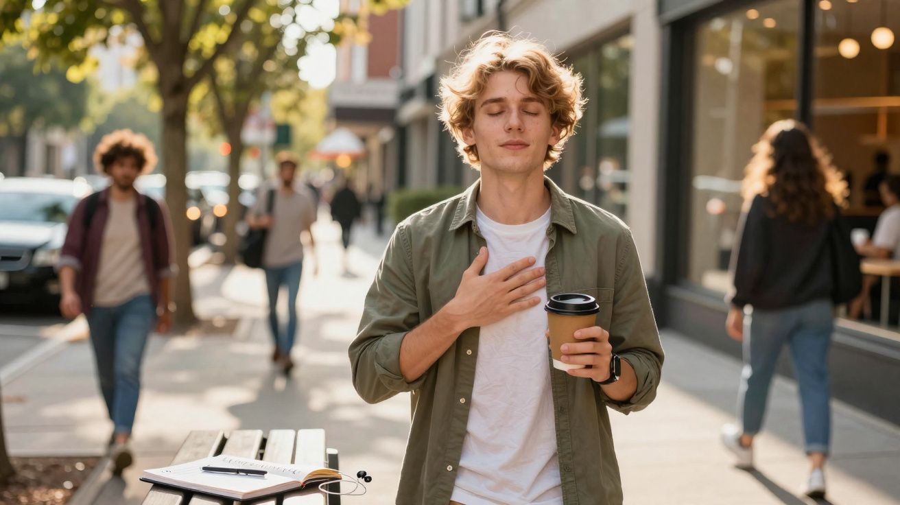 Jovem de olhos fechados com chávena de café, mão no peito, numa rua movimentada e ensolarada.