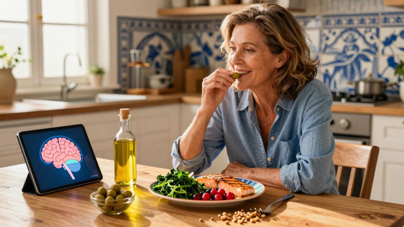 Mulher madura a comer azeitonas à mesa com prato saudável, azeite e ilustração de cérebro num tablet.