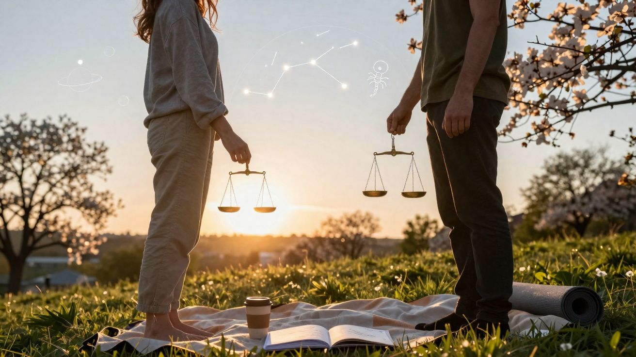 Duas pessoas em pé num campo ao pôr do sol, cada uma segurando uma balança de mão.