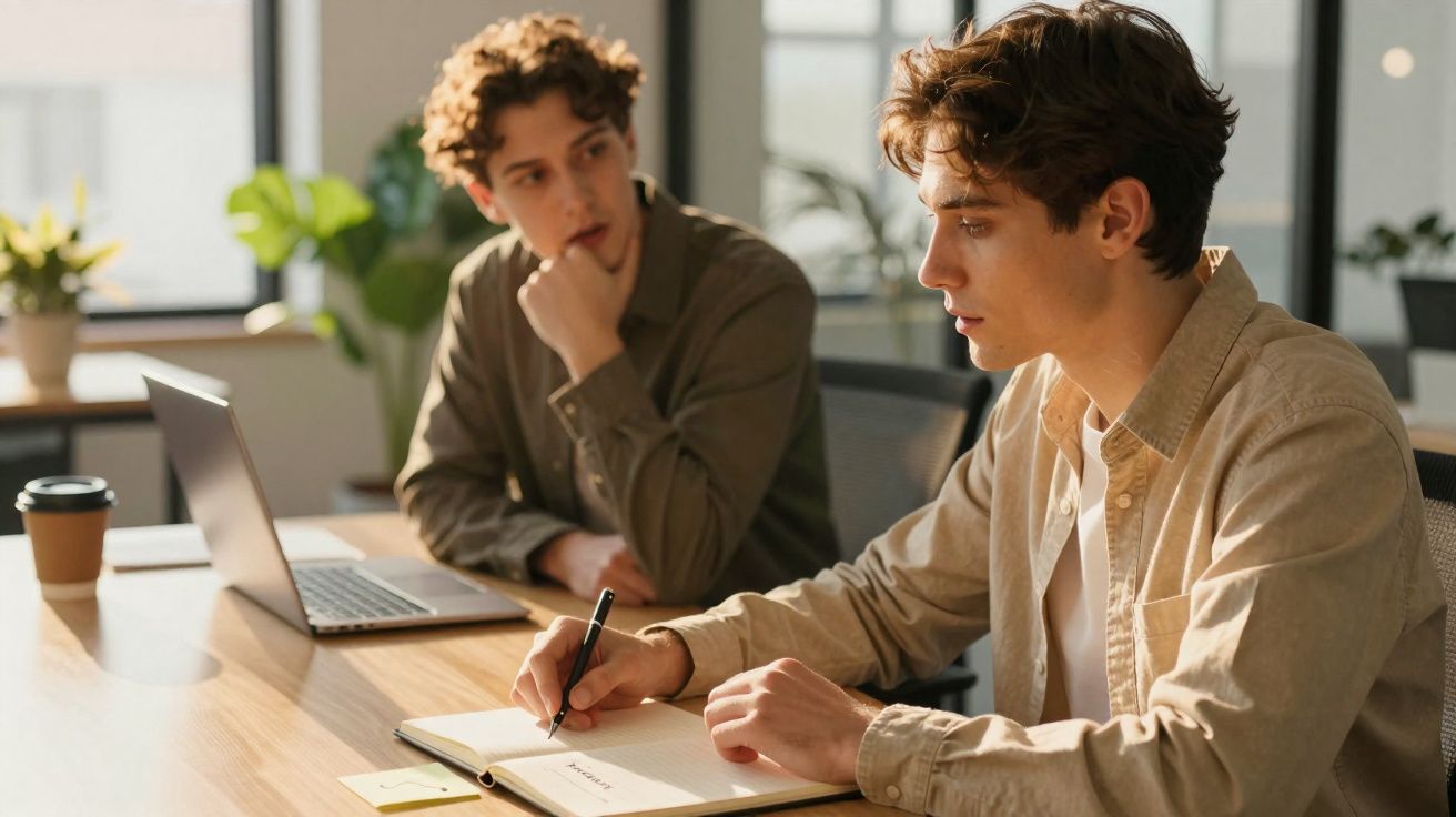 Dois jovens sentados à mesa de escritório, um a escrever num caderno e o outro a observar atentamente.