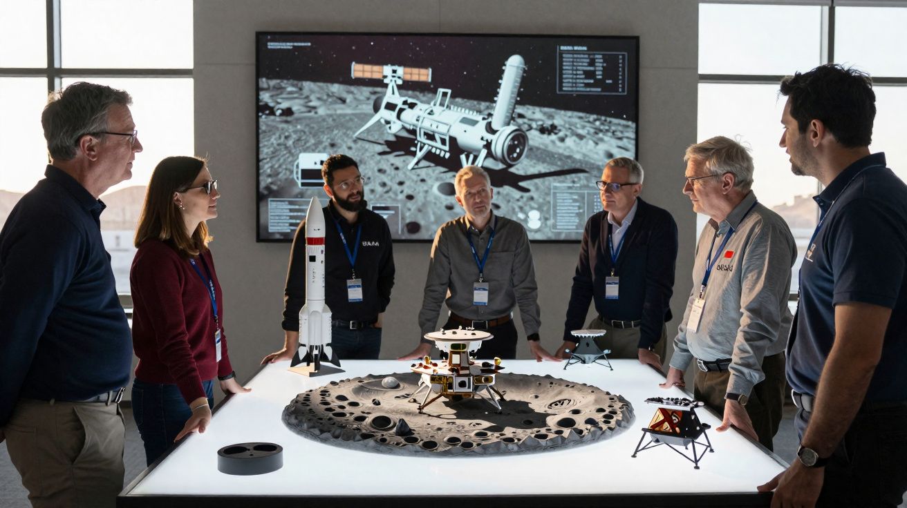 Equipa científica discute projeto espacial com maquetes de foguetes e módulos lunares numa mesa luminosa.