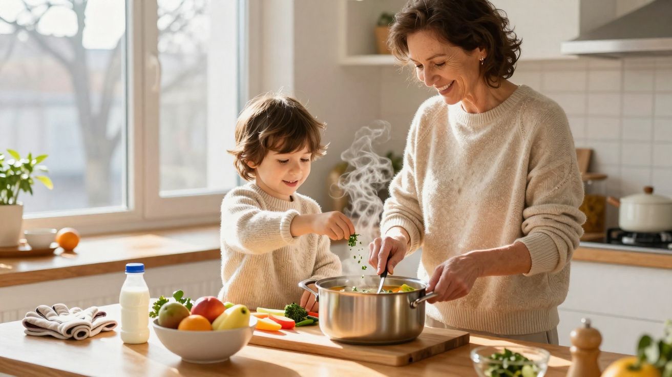 Criança e mulher a cozinhar juntos, sorrindo numa cozinha luminosa e acolhedora.