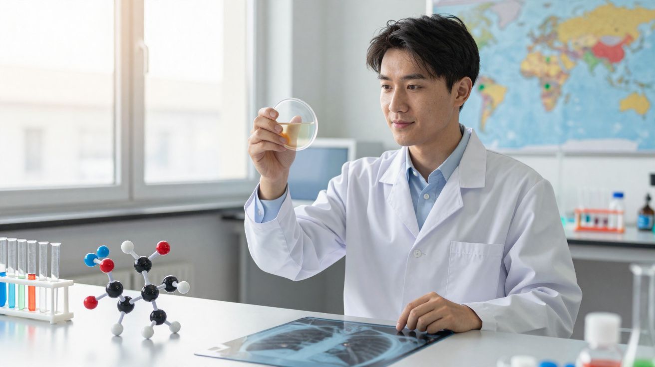 Cientista em bata branca examina placa de petri num laboratório com modelos moleculares e raio-x à frente.