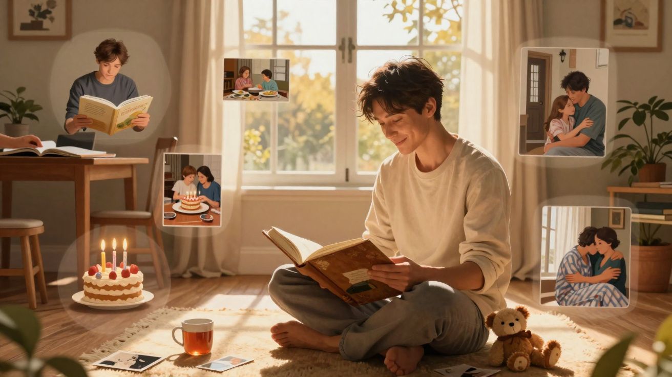Jovem sentado no chão a ler um livro, cercado por recordações e ambiente acolhedor com luz natural.