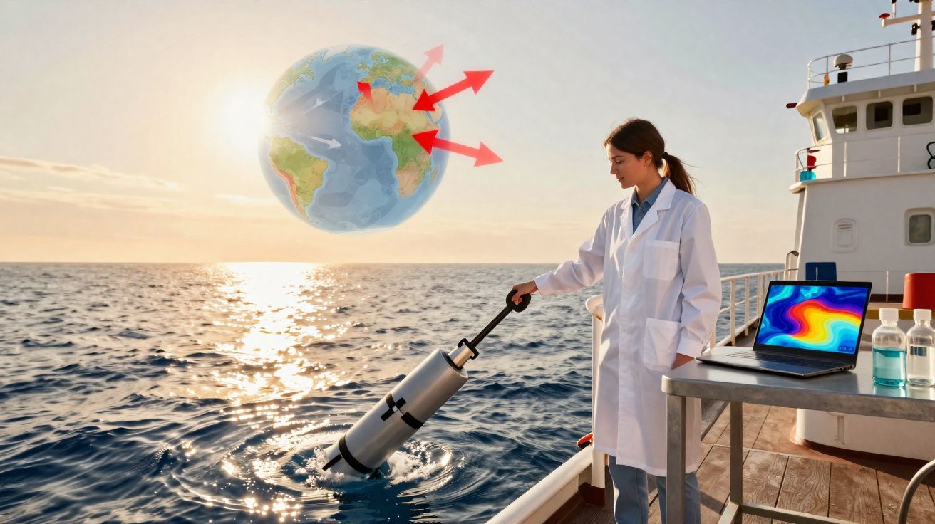 Cientista lança dispositivo no oceano em navio, com globo terrestre e setas vermelhas no céu ao fundo.
