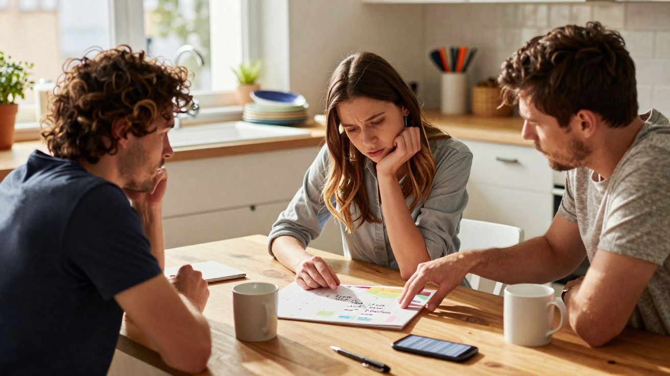 Três adultos sentados à mesa a analisar documentos, com café e telemóvel numa cozinha iluminada.