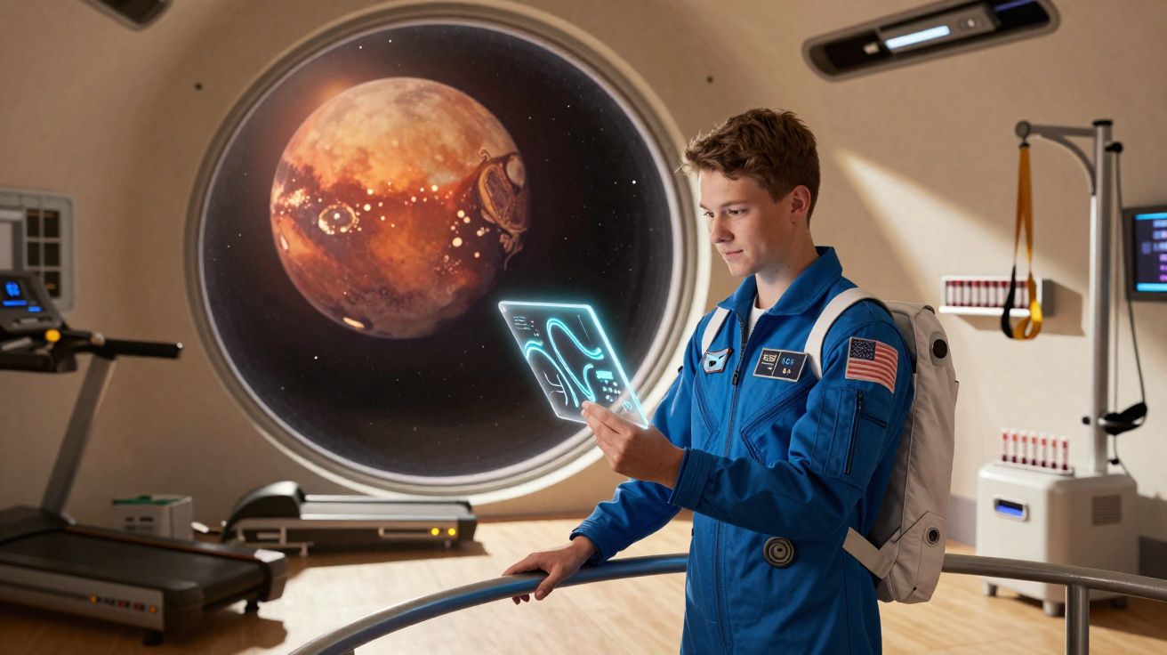 Jovem astronauta em terno azul observa tablet futurista numa estação espacial com vista para planeta vermelho.