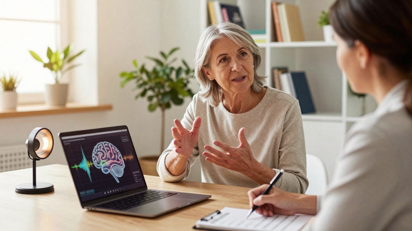 Doutora a explicar a imagem de um cérebro num portátil para paciente durante consulta numa sala iluminada.