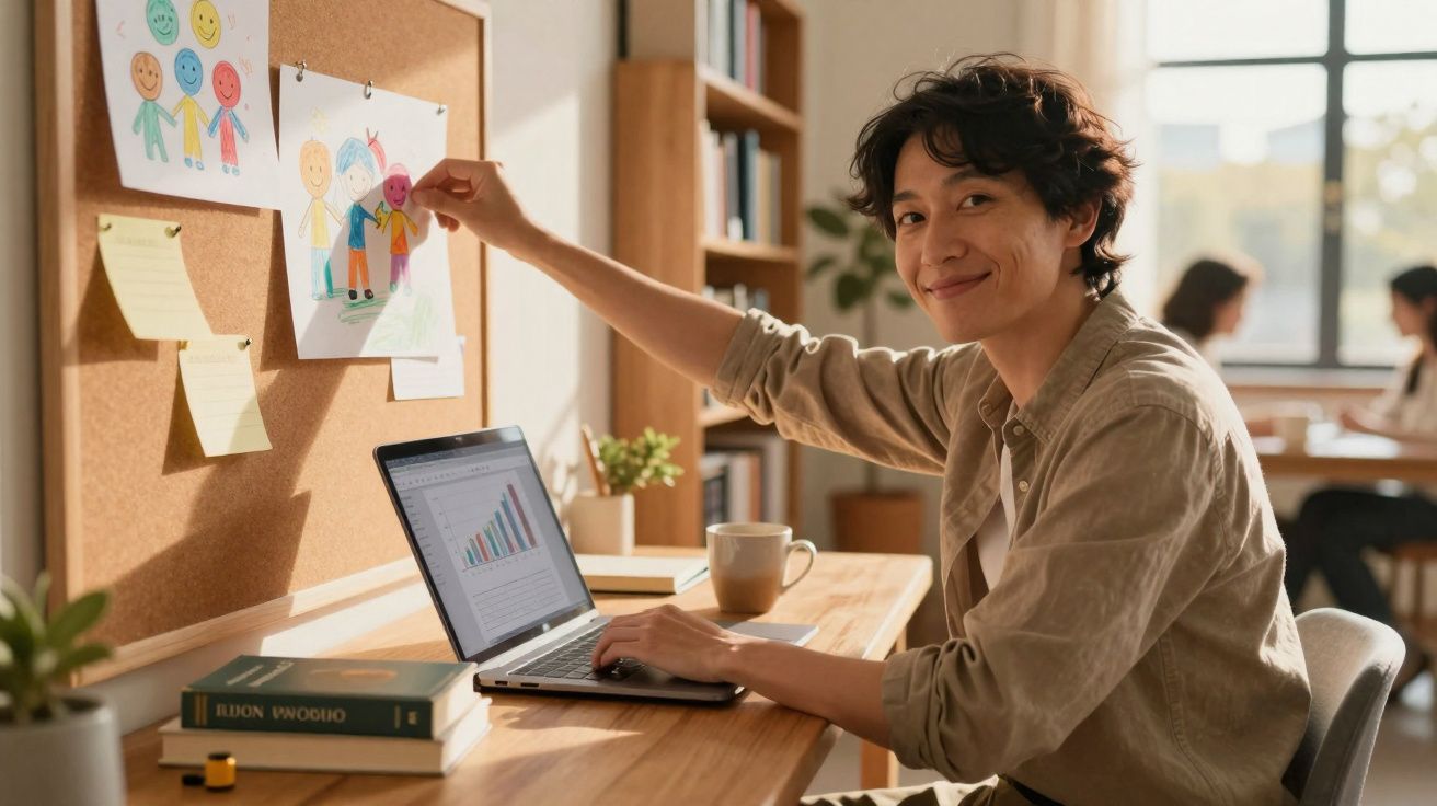 Pessoa jovem a trabalhar num computador portátil num espaço iluminado e a pendurar um desenho colorido numa cortiça.