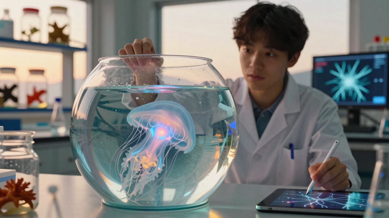 Cientista a observar uma água-viva luminosa num aquário redondo durante estudo em laboratório.