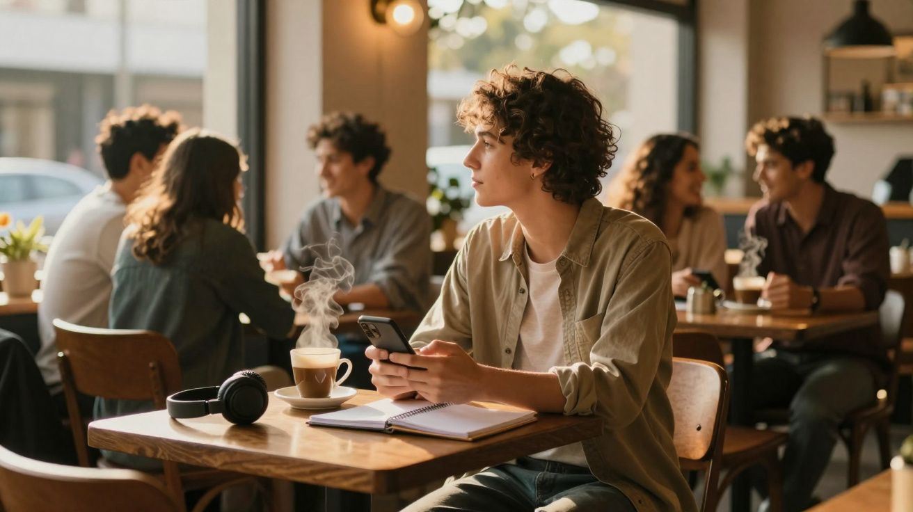 Jovem sentado num café com telefone, caderno e café quente, enquanto outras pessoas conversam ao fundo.