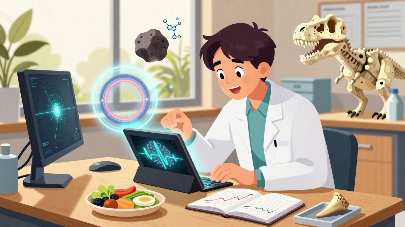 Cientista jovem analisa imagens holográficas e gráficos num laboratório com esqueleto de dinossauro ao fundo.