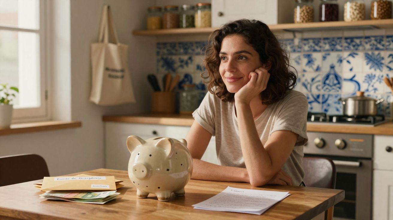 Mulher pensativa sentada à mesa da cozinha com mealheiro em forma de porco e contas por pagar.
