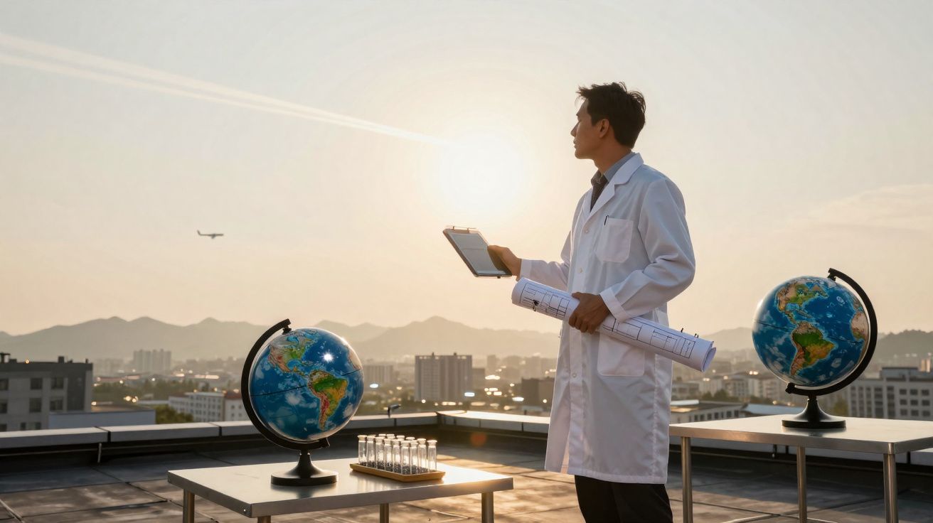 Homem de bata branca segura prancheta e projetos em terraço com globos e tubos de ensaio ao pôr do sol.