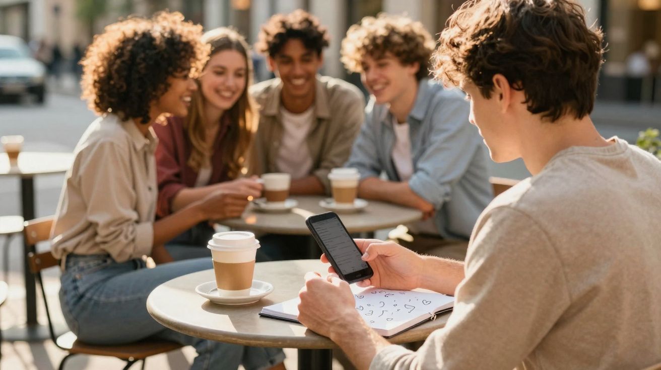 Jovem sentado ao ar livre num café a olhar para telemóvel, enquanto amigos conversam ao fundo.