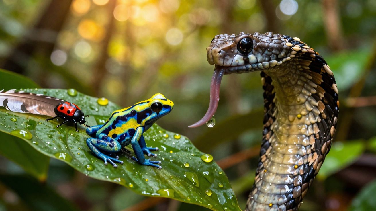 Cobra cobra preparada para atacar rã venenosa azul e amarela e joaninha numa folha molhada.