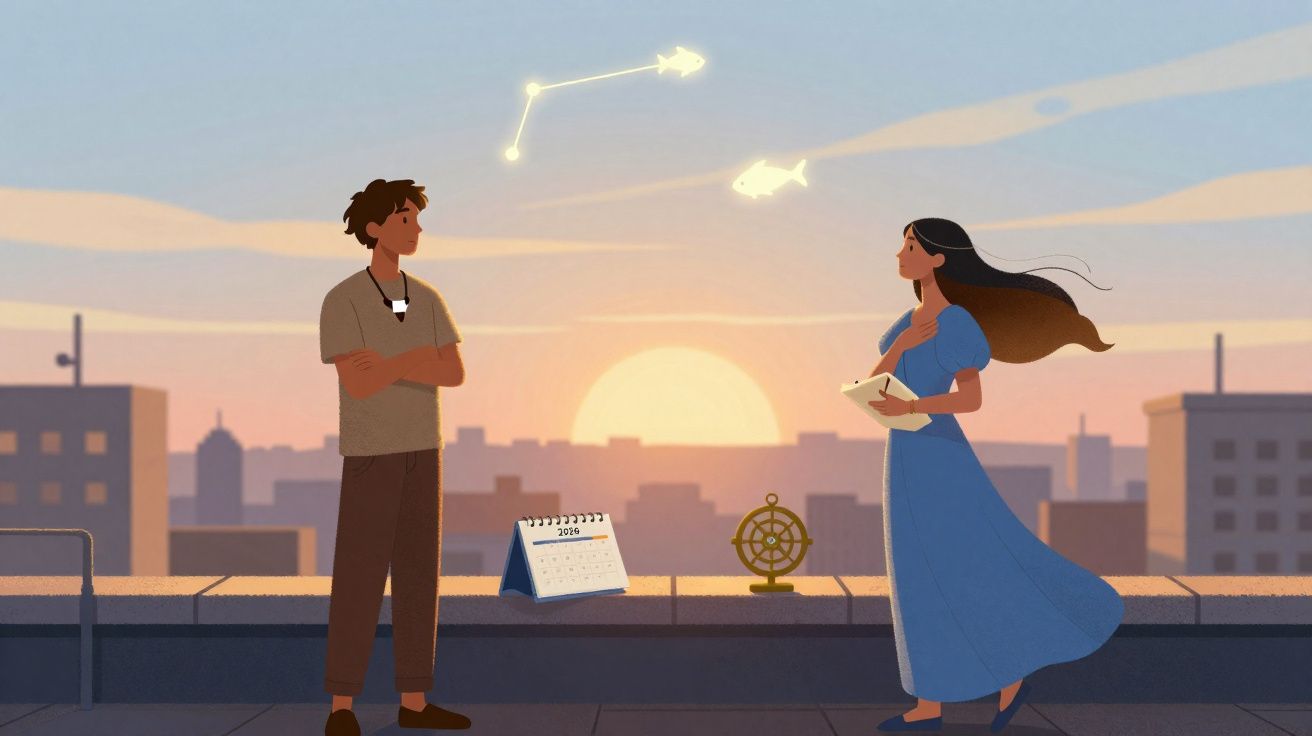 Dois jovens numa varanda ao pôr do sol olhando para constelações no céu.