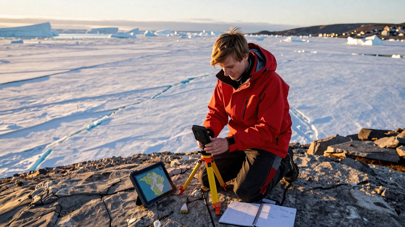 Pessoa com casaco vermelho utiliza equipamento de pesquisa geográfica em ambiente rochoso junto a gelo e icebergues.